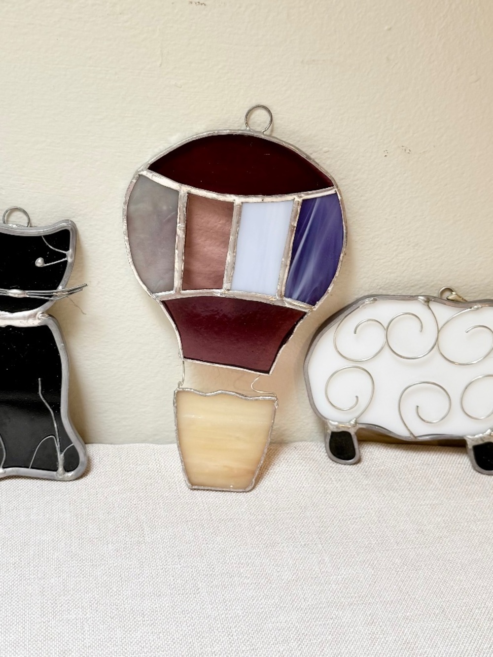 Set of 3 Stained Glass Suncatchers Black Cat, Sheep and Hot Air Balloon
